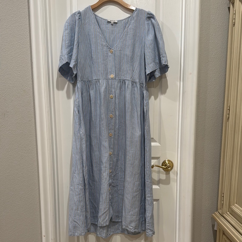 Madewell Blue Striped V-Neck button down dress
